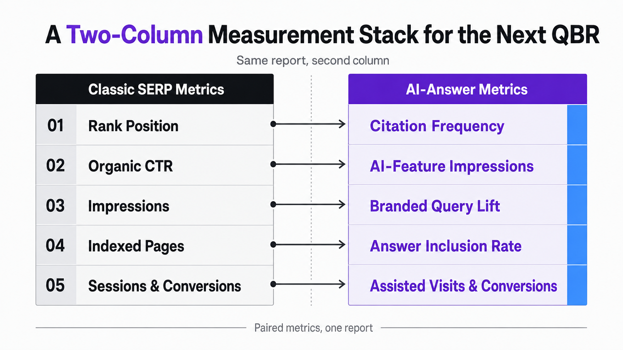 Show the paired-metric measurement framework described in the section: each classic SERP metric sitting next to its AI-answer counterpart