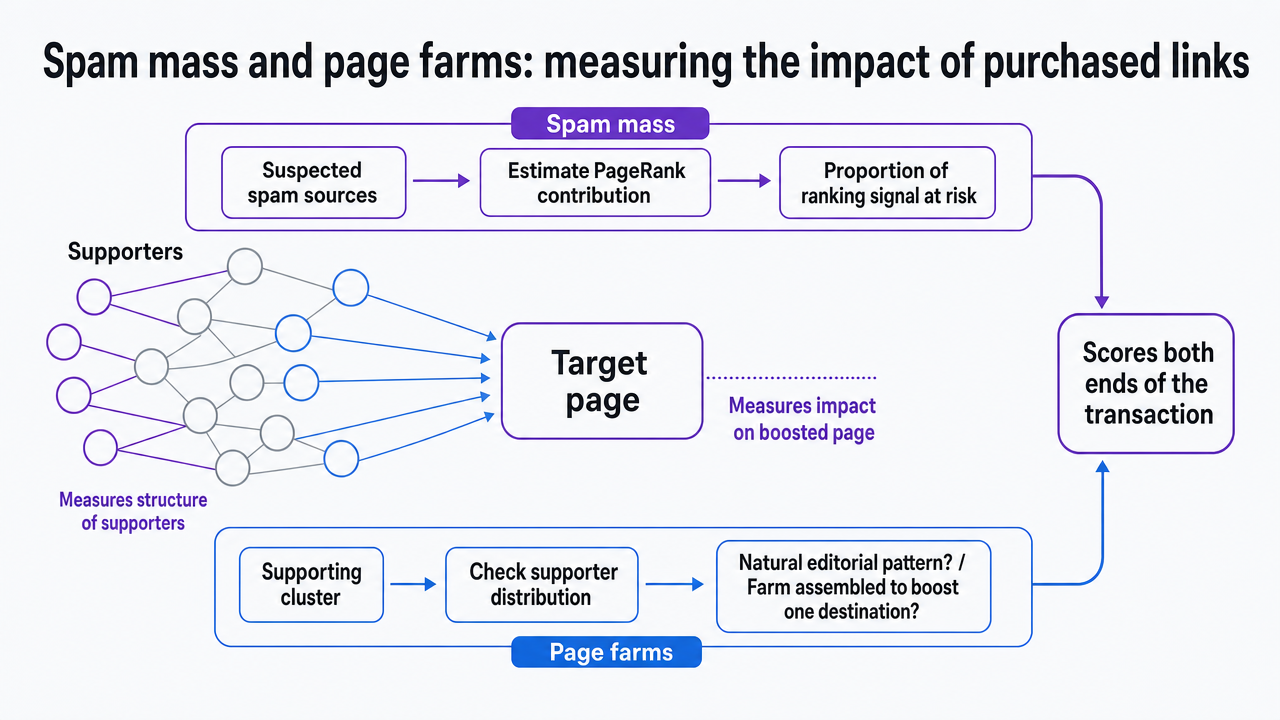 Maps each graph-based detection method to the specific link-buying pattern it targets, supporting the section's cited research walkthrough