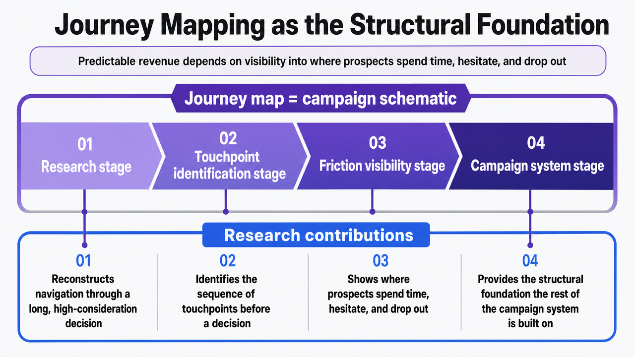 Map the four distinct research contributions of journey mapping to the four campaign stages they support, as explicitly cited in the section