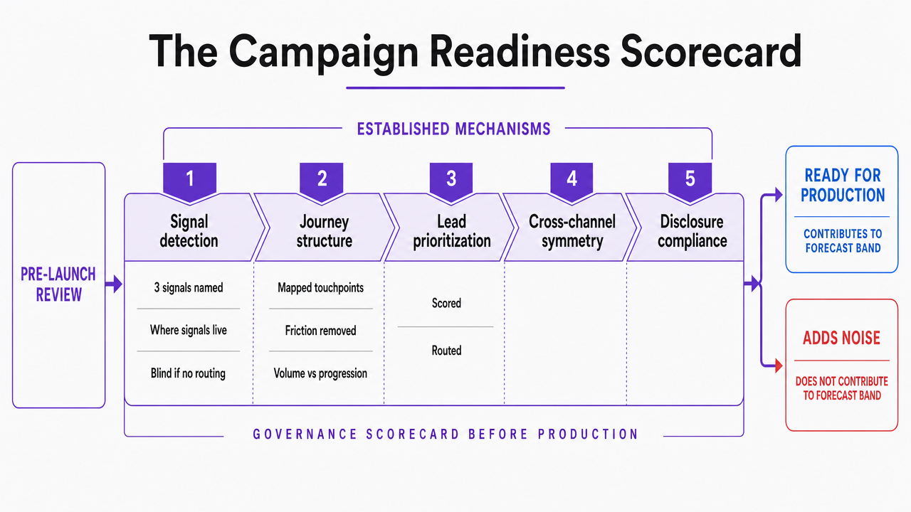 Visualize the five pre-launch checkpoints described in the section as a governance scorecard that determines campaign readiness