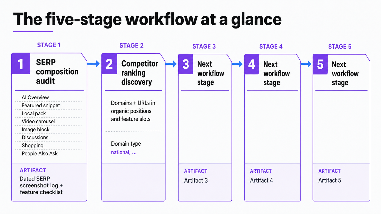 Visualize the sequential five-stage SERP competition workflow described in the section, showing each stage and its artifact