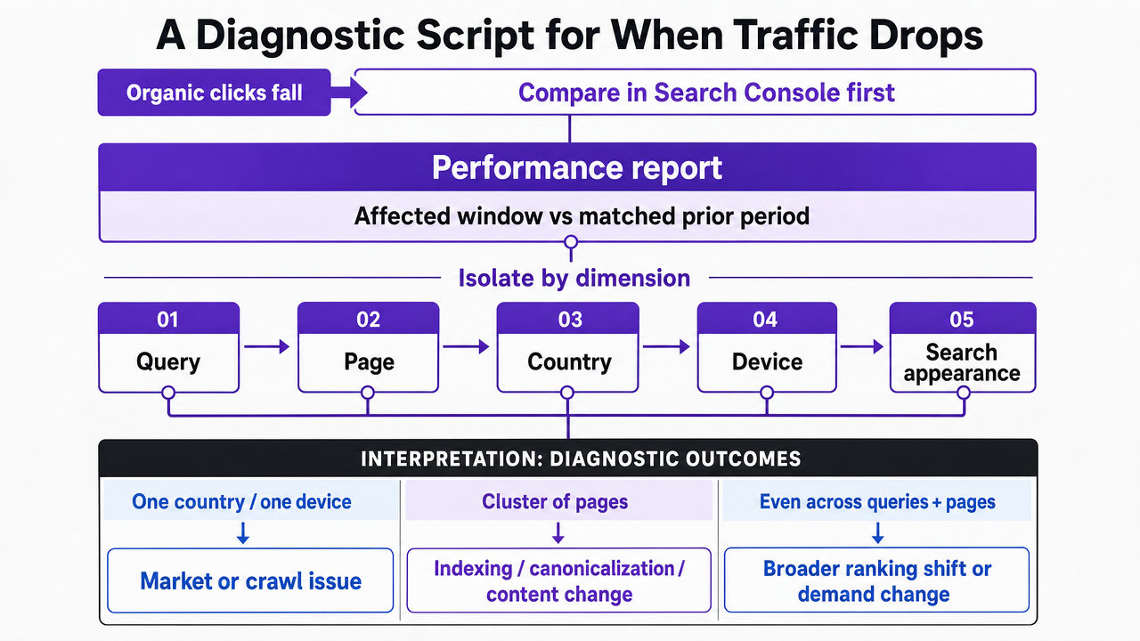 Visualize the sequential diagnostic workflow Google recommends when organic clicks fall, as described step-by-step in the section