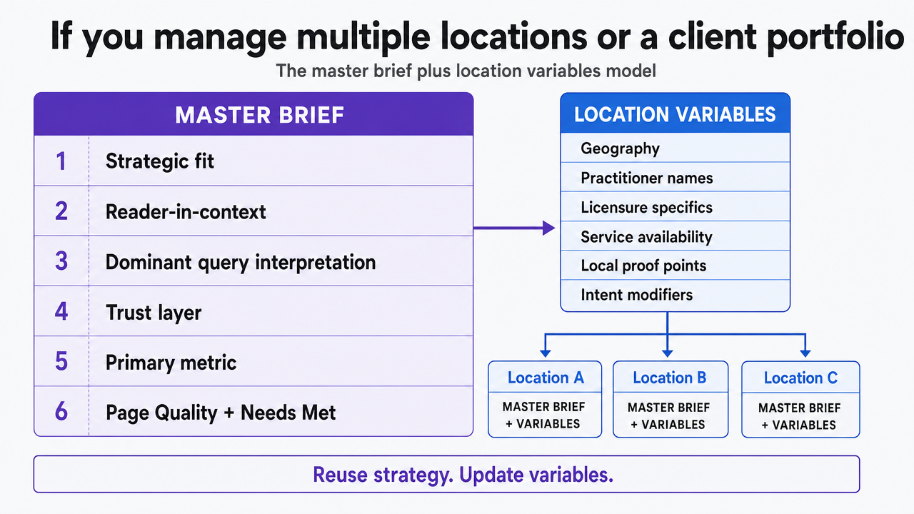 Visualize the master brief plus location variables operating model described in the section, showing how strategic fields are reused and only variables change per location