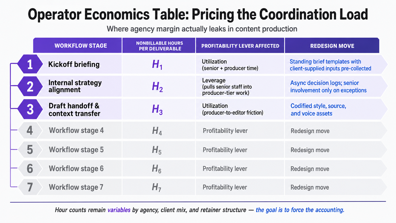 Visualize the seven workflow stages where nonbillable coordination hours accumulate and which profitability lever each attacks, directly mirroring the section's table