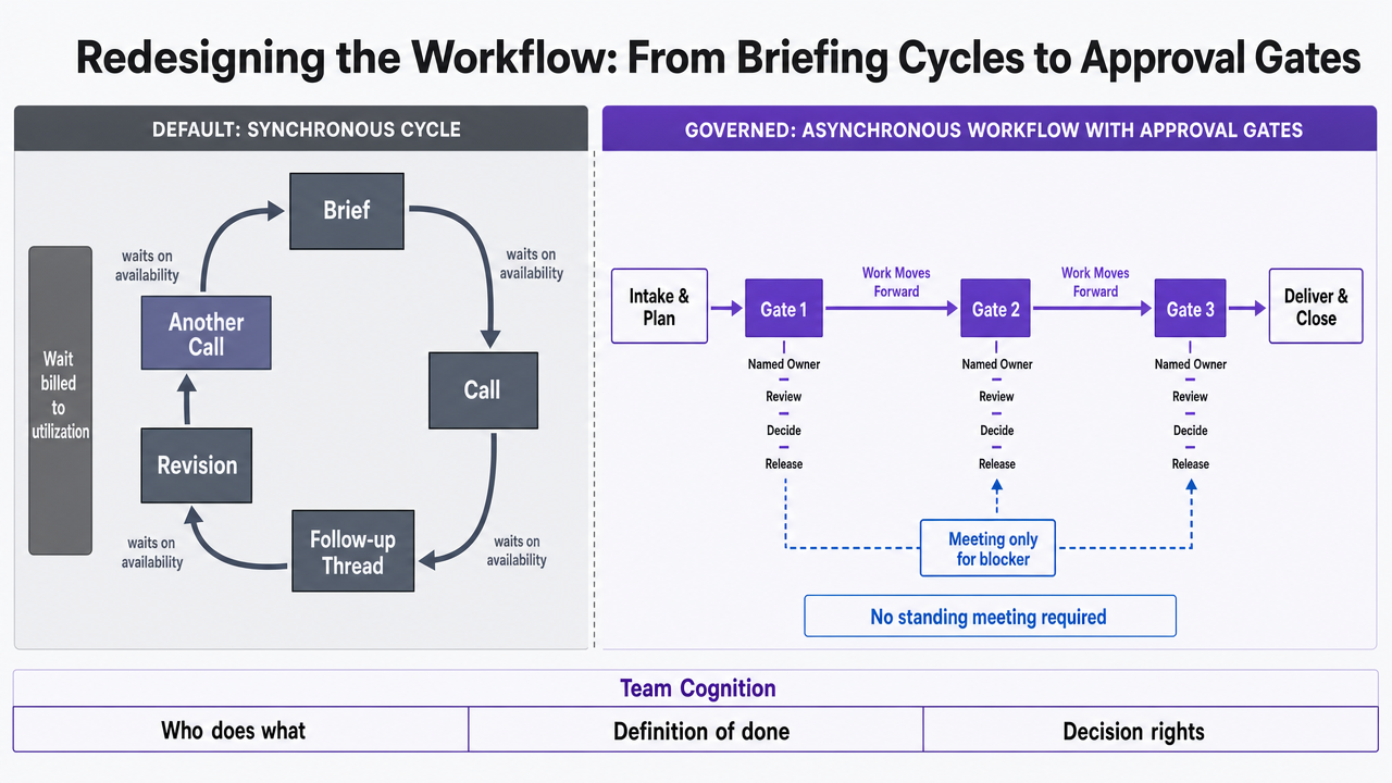 Show the shift from synchronous briefing cycles to a governed asynchronous approval-gate workflow described in the section