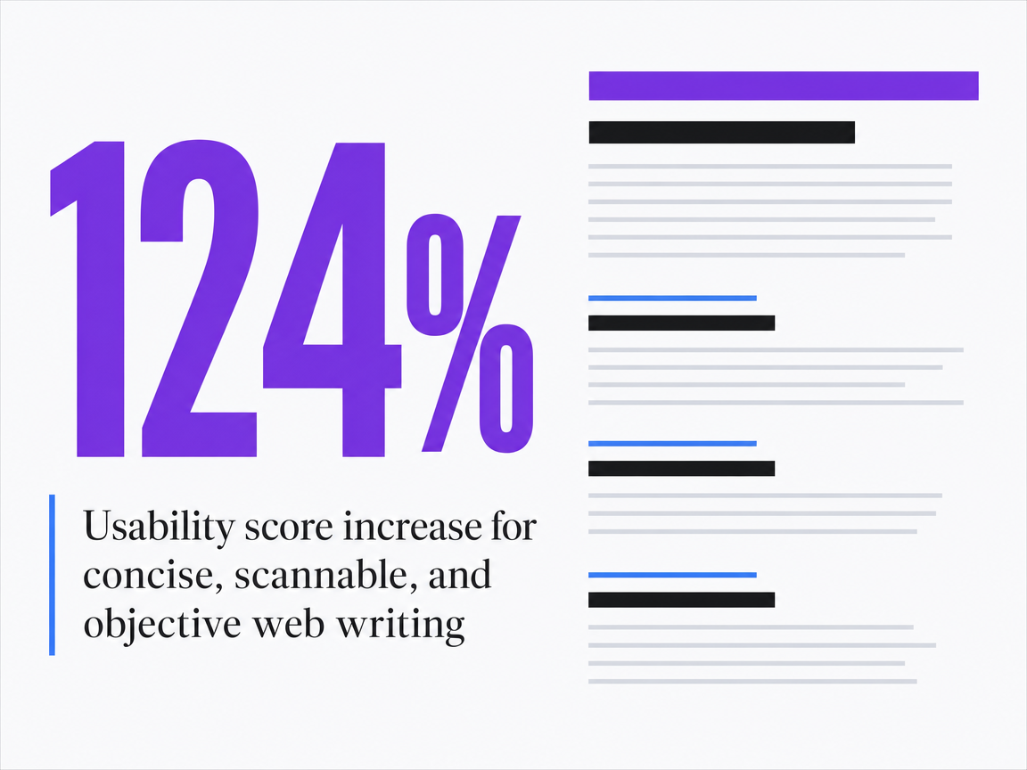 Infographic showing Usability score increase for concise, scannable, and objective web writing