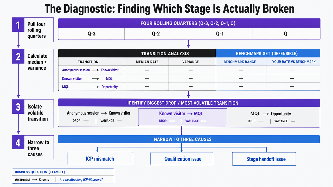 Map the section's four-step diagnostic workflow (pull four quarters, calculate variance, isolate volatile transition, narrow to three causes) into a process infographic that mirrors the prose exactly
