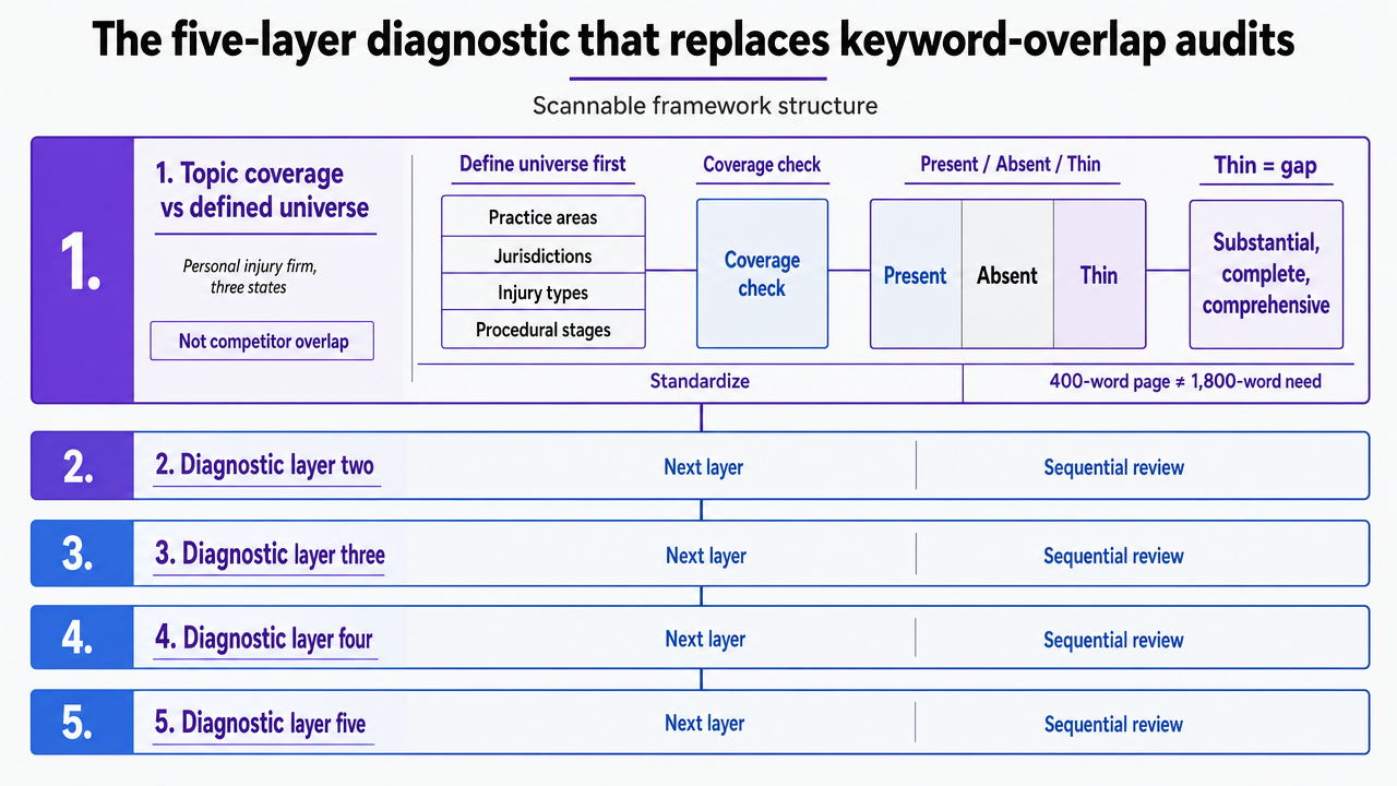 Visualize the five sequential diagnostic layers described in the section, giving readers a scannable reference for the framework's core structure