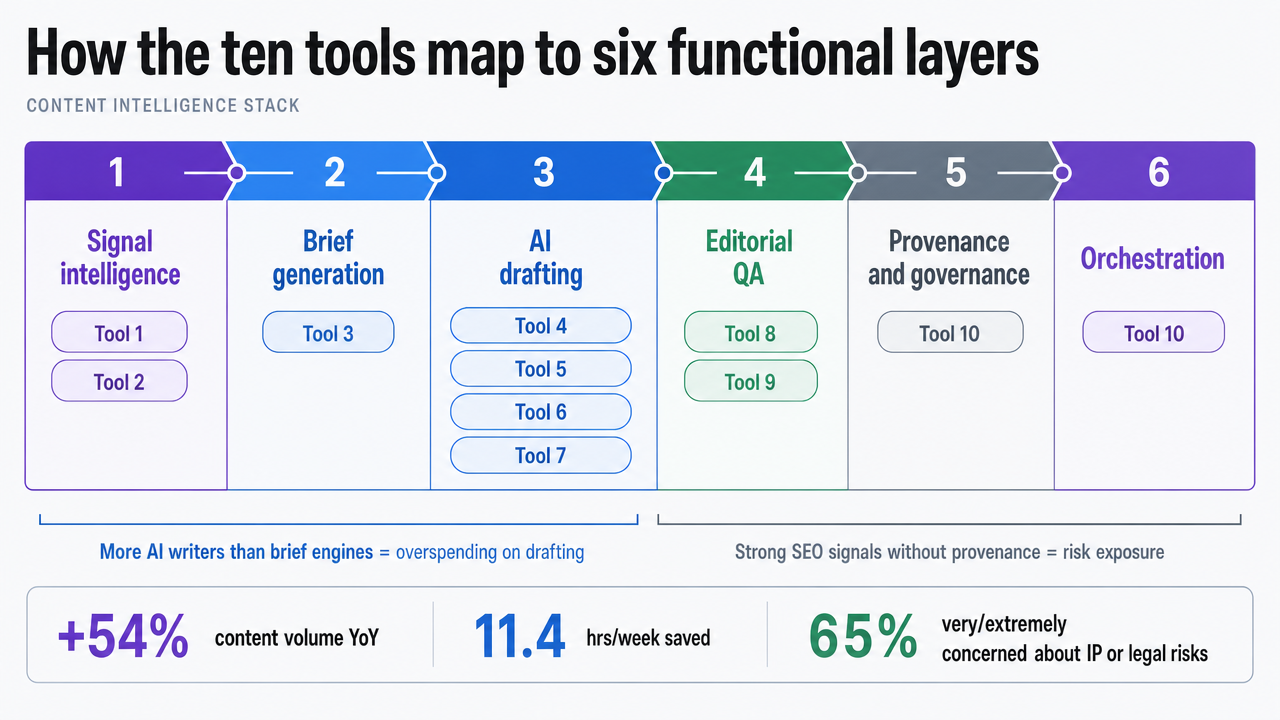 Visualize the six functional layers of a content intelligence stack described in this section, mapping each of the ten tools to its layer