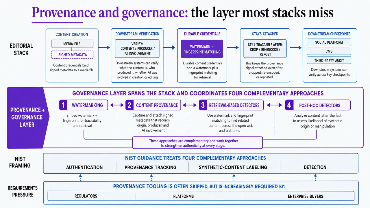 Illustrate the four complementary authenticity approaches (watermarking, content provenance, retrieval-based detectors, post-hoc detectors) cited from NIST and Brookings in this section