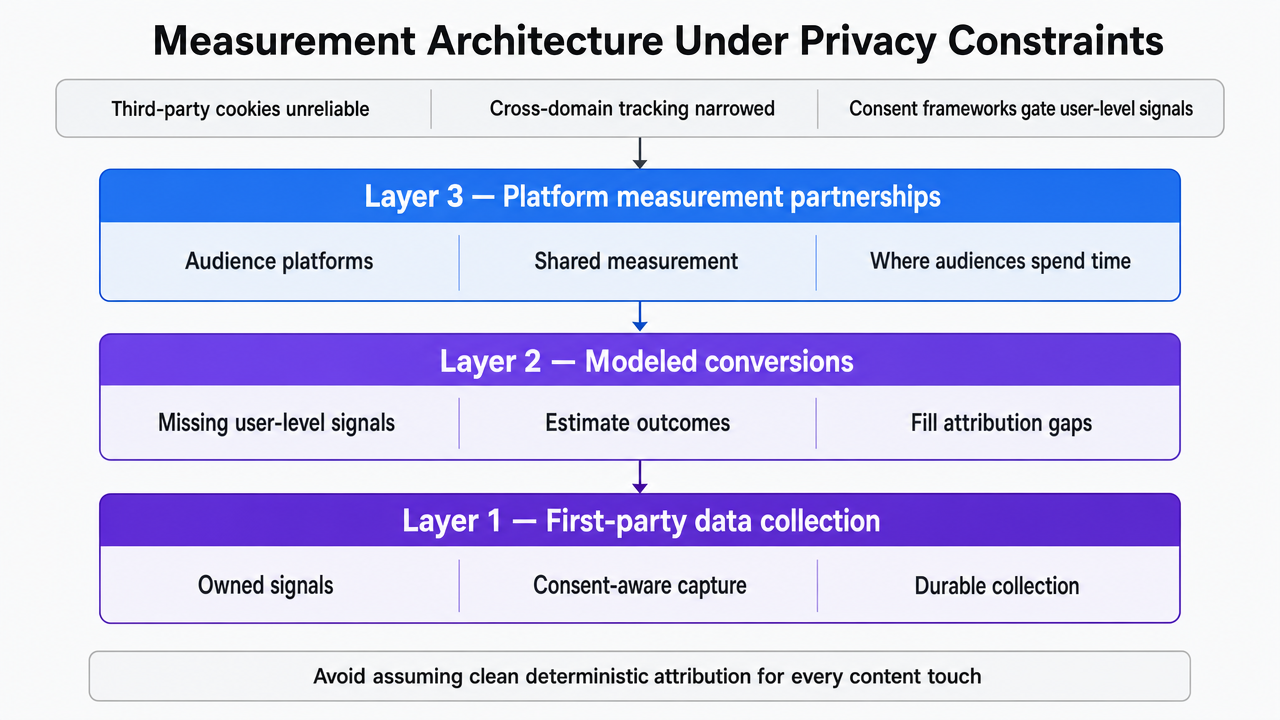 Depict the three-layer measurement architecture described in the section as a stacked process infographic