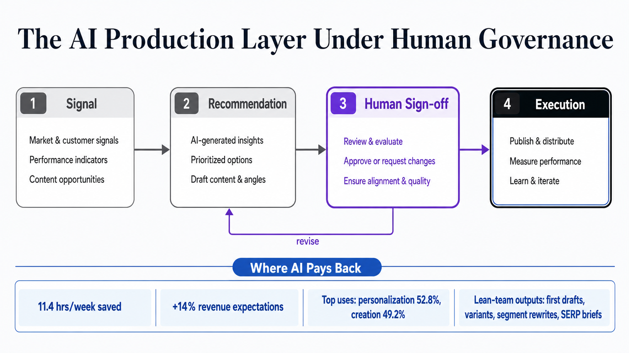 Visualize the four-stage AI approval workflow described in the section (signal, recommendation, human sign-off, execution) as a governance process diagram
