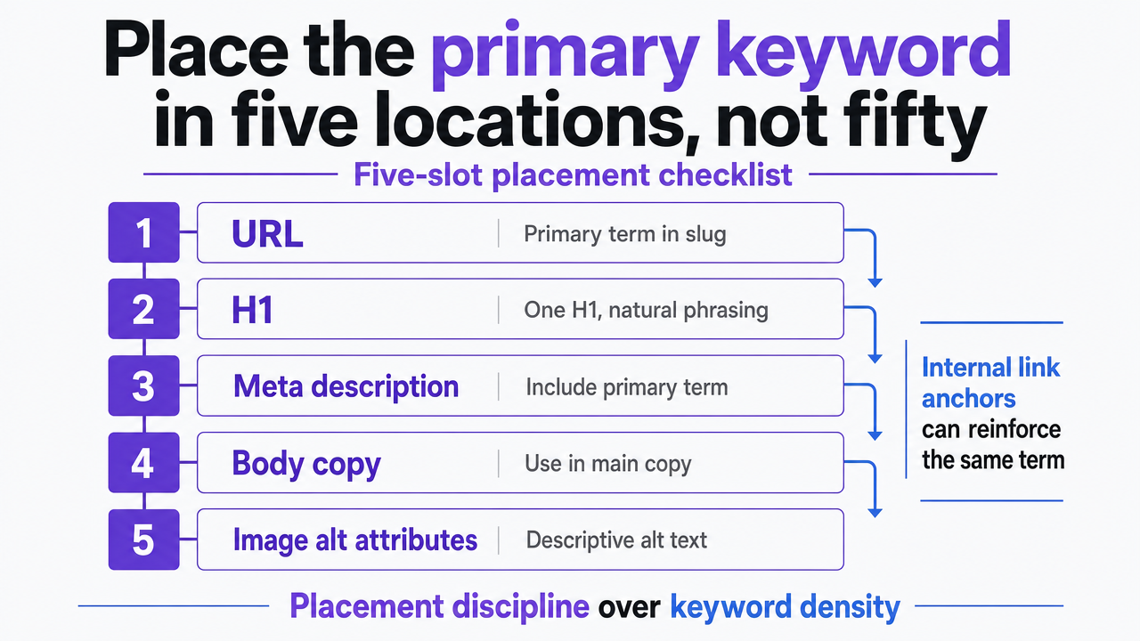 Visualize the five specific on-page slots where the primary keyword should appear, directly supporting the section's core framework cited from Ohio State guidance