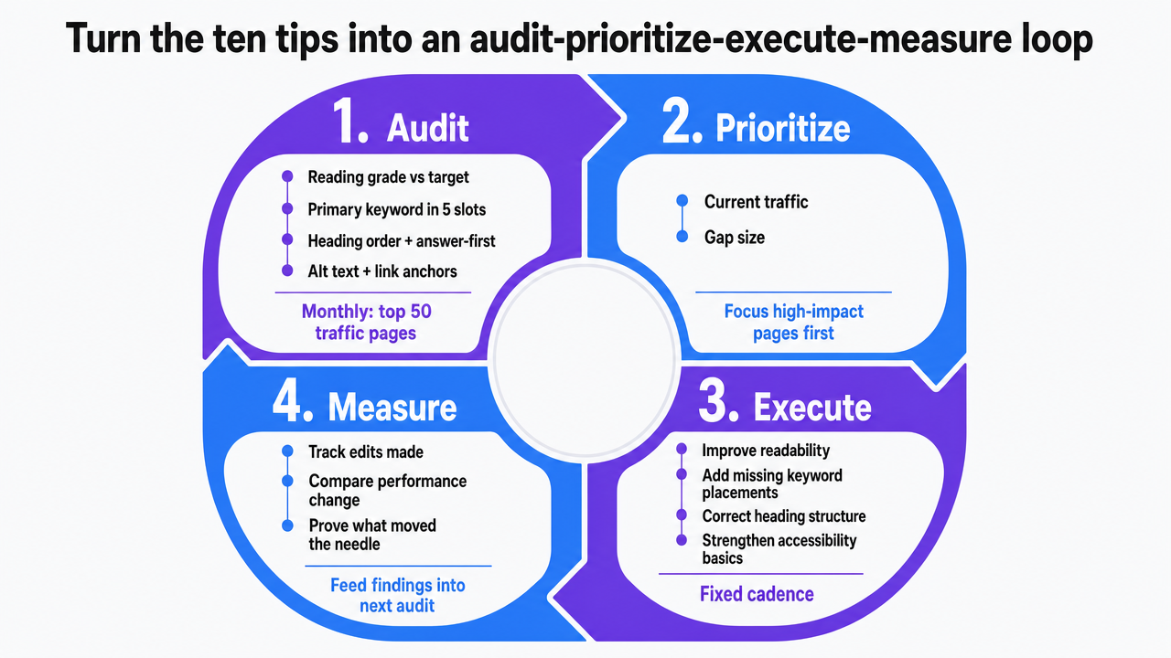 Visualize the four-stage operating loop that structures the closing section, turning the article's ten tactics into a repeatable workflow