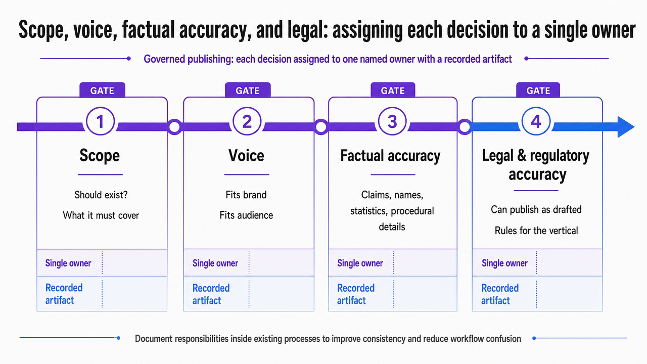 Visualize the four decision gates and their single-owner assignments described in this section, making the governance framework scannable