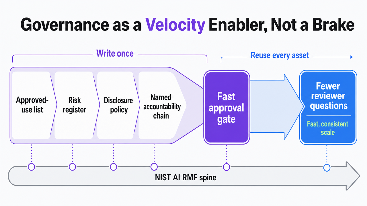Visualize the four governance artifacts the section prescribes (approved-use list, risk register, disclosure policy, named accountability chain) as a reusable framework that feeds a fast approval gate, directly supporting the NIST-anchored guidance in the prose