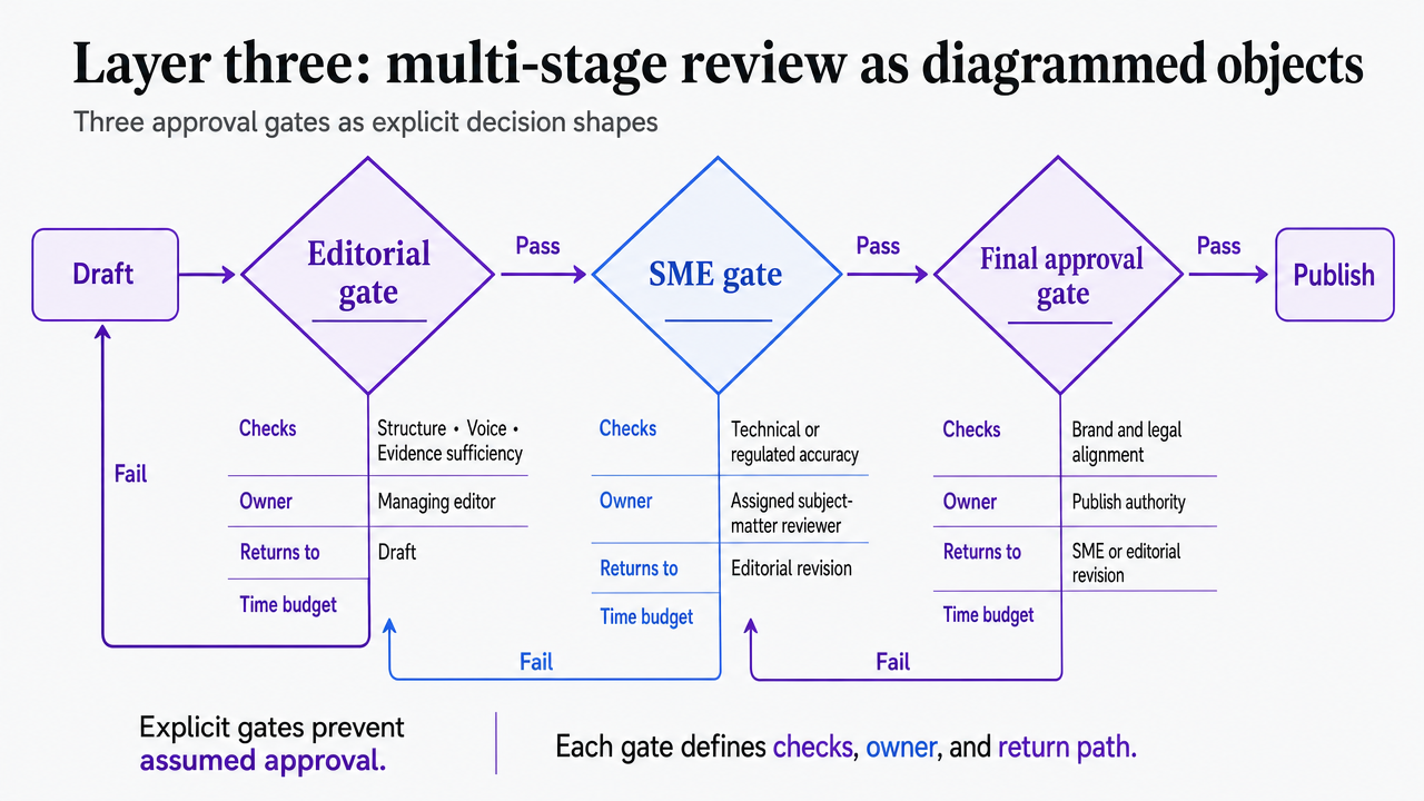 Show the three approval gates as first-class diagram shapes with their check criteria, owners, return routes, and time budgets adapted from peer-reviewed editorial workflow benchmarks