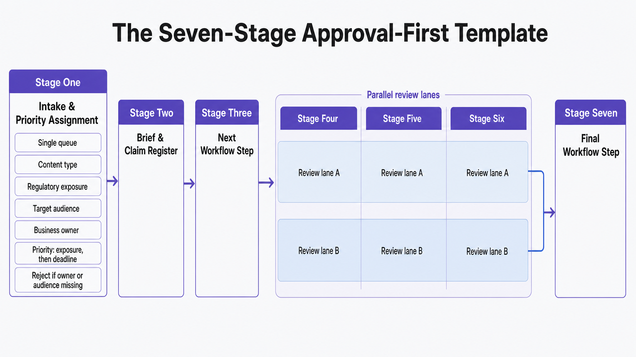 Visualize the seven sequential stages of the approval-first workflow described in this section, showing parallel review lanes at stages four through six