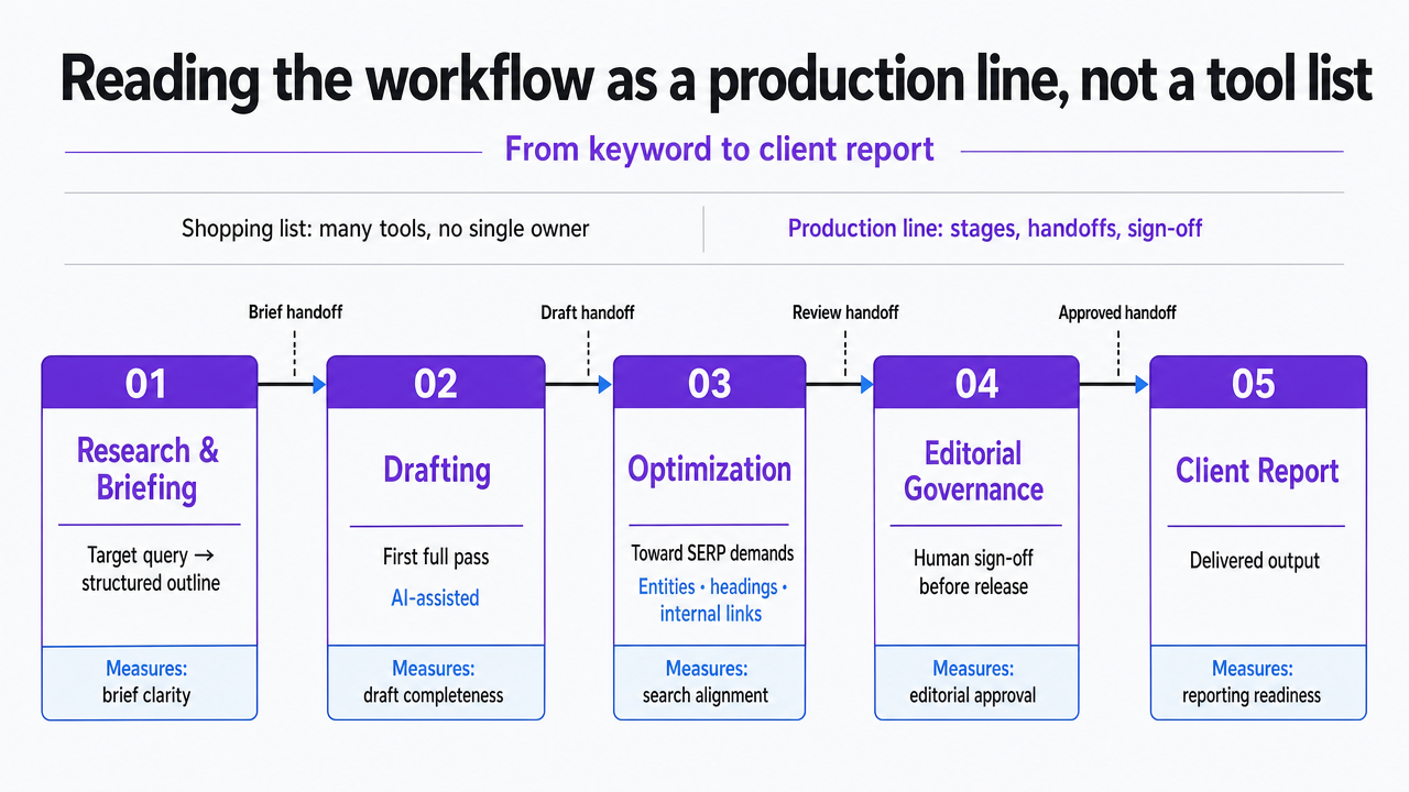 Visualize the five-stage content production line described in the section, showing each stage, its owned metric, and the handoff between stages