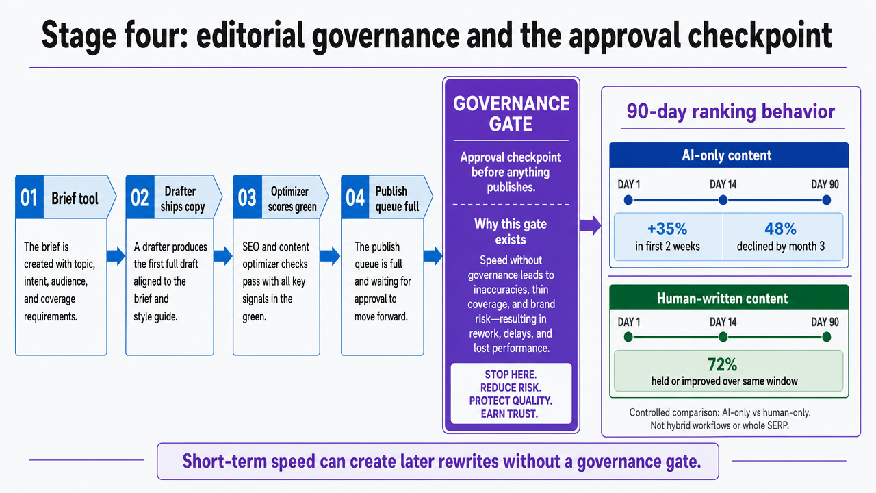 Support the cited statistic contrasting AI-generated versus human-written content ranking behavior over 90 days