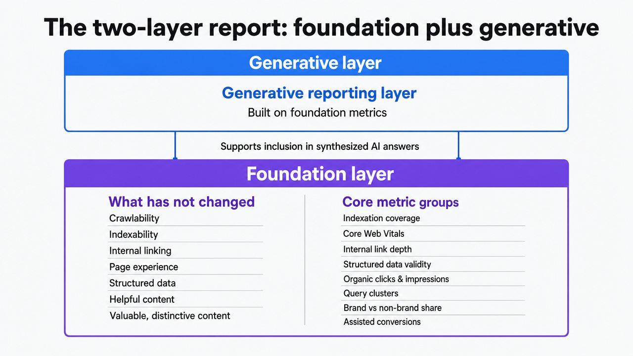 Visualize the two-layer reporting framework introduced in this section, showing how the foundation layer supports the generative layer with their respective metric groups