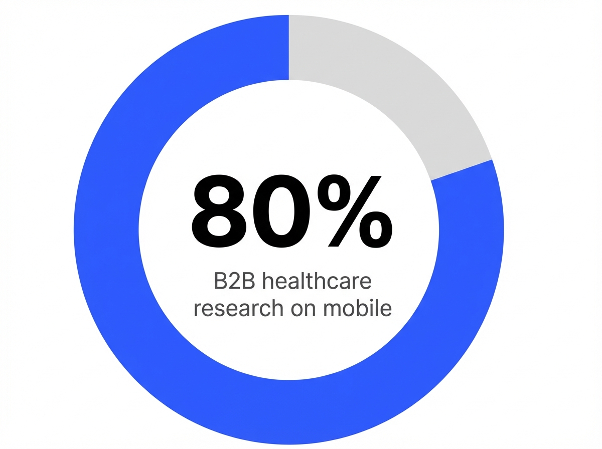 Infographic showing Share of B2B healthcare research conducted on mobile devices: 80%