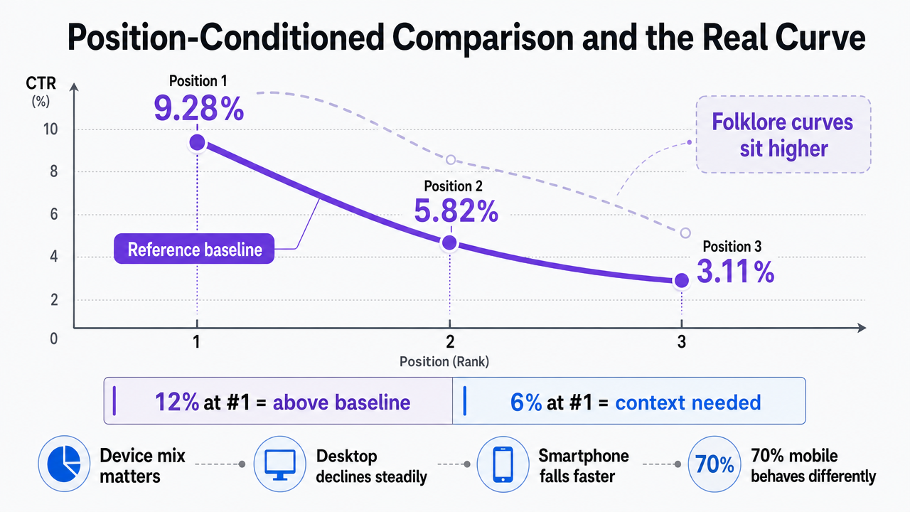 Show the position-conditioned CTR baseline cited in the section (9.28% / 5.82% / 3.11%), giving readers a defensible reference curve against folklore benchmarks