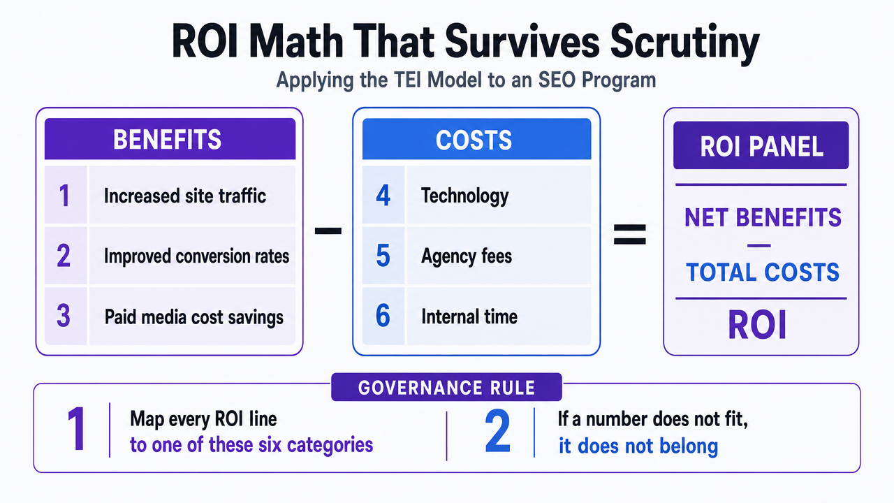 Visualize the Forrester TEI framework's six categories (three benefit lines, three cost lines) that the section instructs agencies to map every ROI panel line to