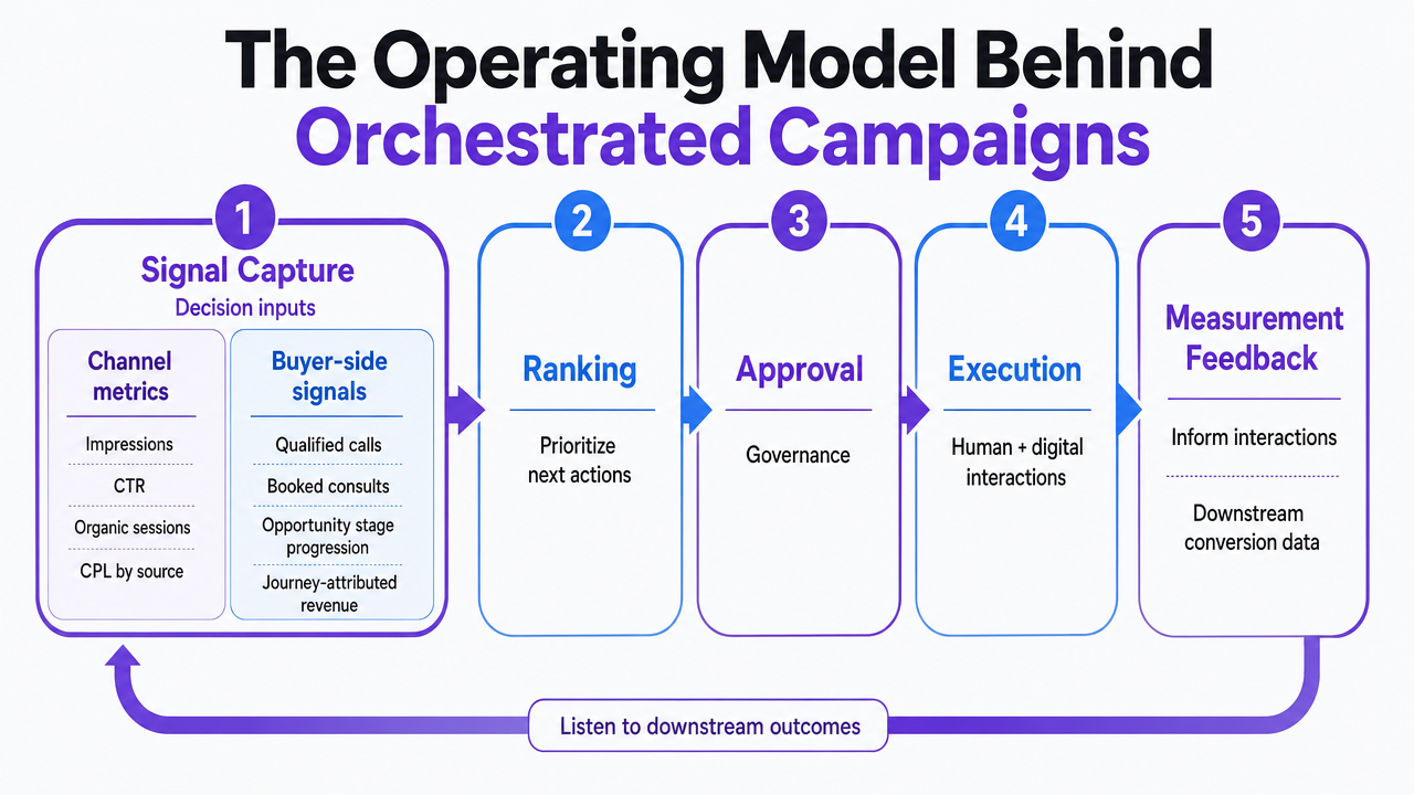 Visualize the five-stage operating loop described across the three subsections: signal capture, ranking, approval, execution, and measurement feedback