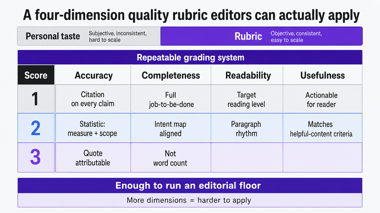 Illustrate the four-dimension rubric and its three-point scoring scale so editors and readers can visualize how the rubric turns taste into a repeatable grading system