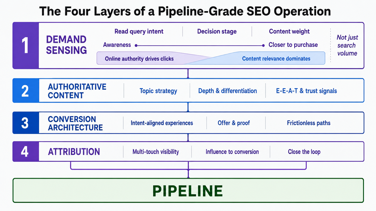 Visualize the four connected operating layers introduced in this section so readers can see how demand sensing, authoritative content, conversion architecture, and attribution flow into pipeline