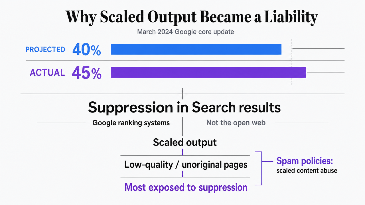 Visualize the projected vs. actual reduction in low-quality content following the March 2024 Google core update, directly supporting the section's central claim