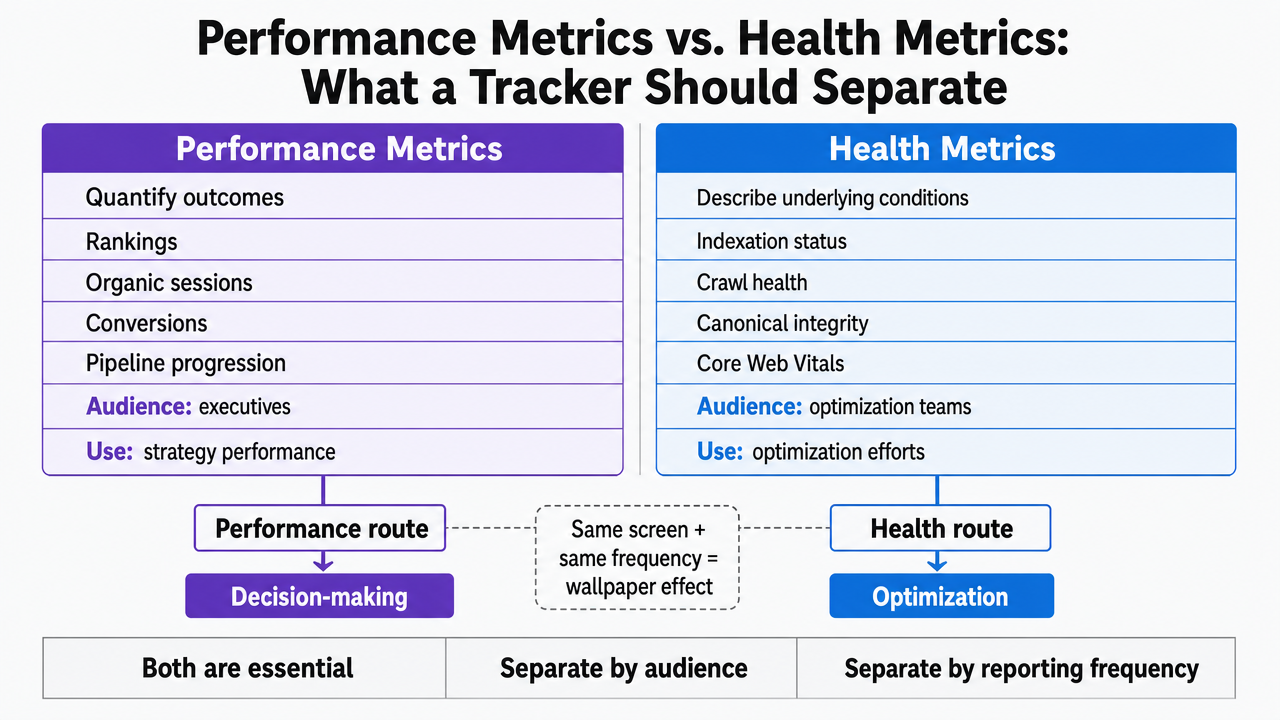 Visualize the article's core distinction between two metric families, their audiences, and their routing paths — a comparison framework explicitly described in this section