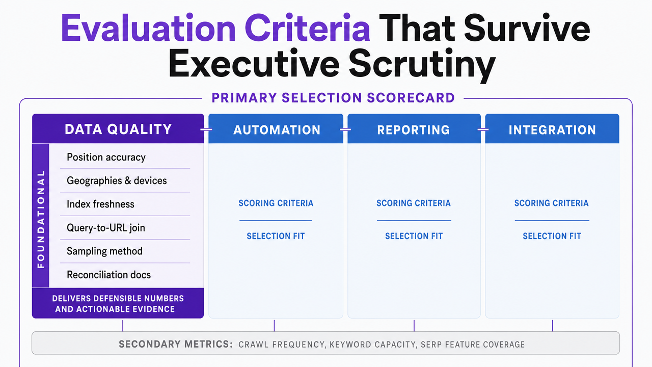 Visualize the four Forrester evaluation dimensions cited in the section (data quality, automation, reporting, integration) as a scoring framework buyers can apply