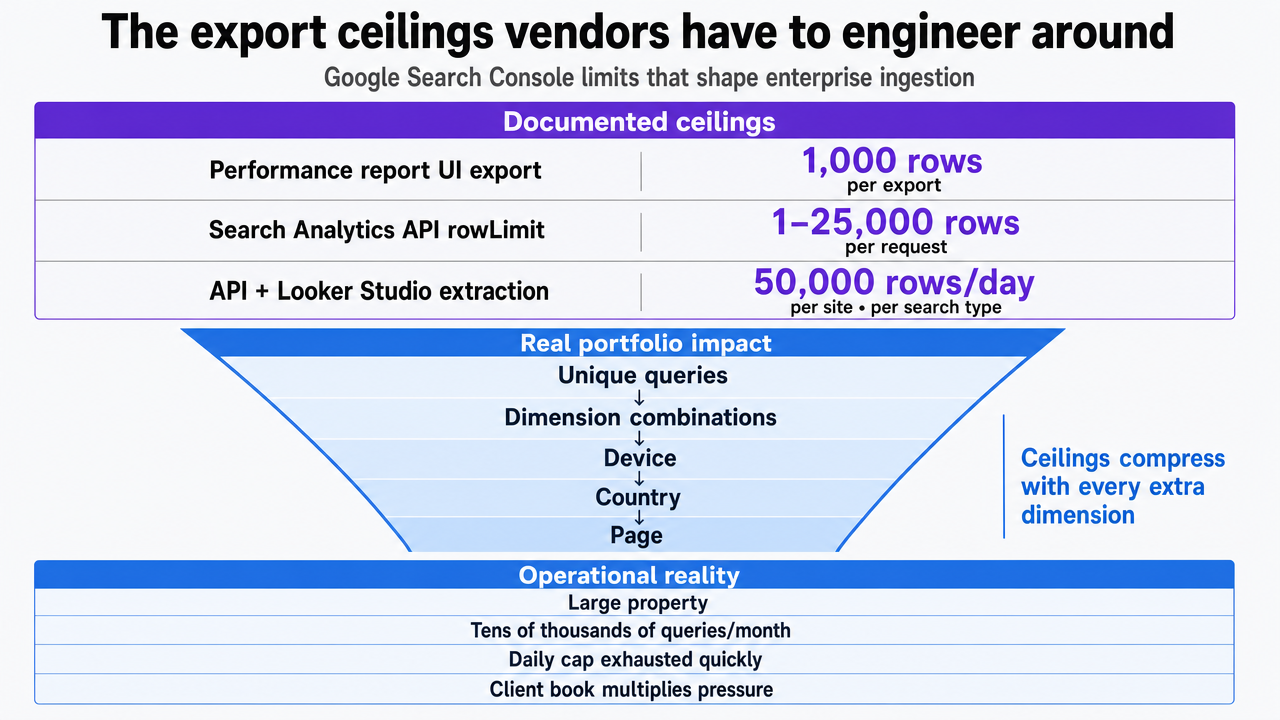 Visualize the three Google Search Console export ceilings cited in the prose so buyers can reference the actual limits when auditing vendor ingestion