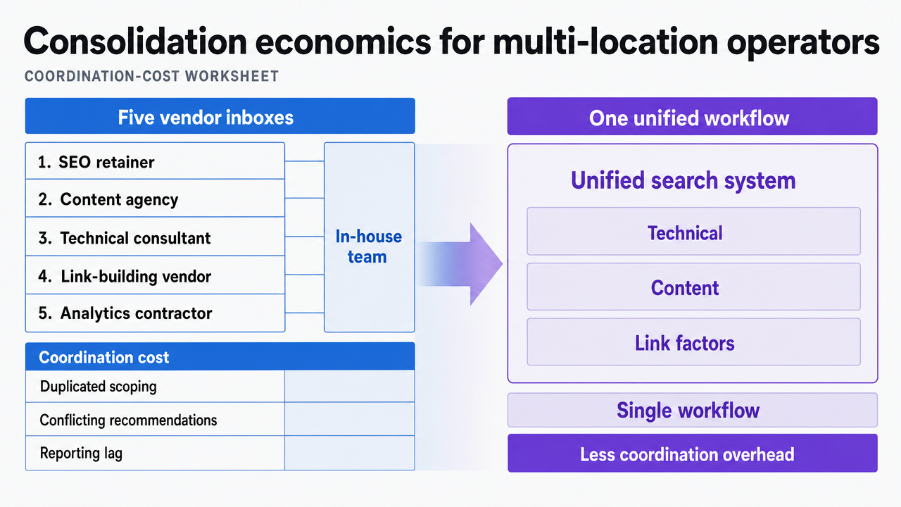 Render the vendor stack coordination-cost worksheet from the article as a clear comparison infographic, mirroring the table's structure and highlighting the shift from five vendor inboxes to one unified workflow