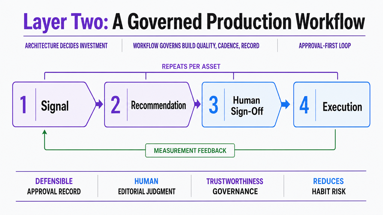 Visualize the four-stage approval-first loop (signal, recommendation, human sign-off, execution) explicitly described in the section as the governed workflow