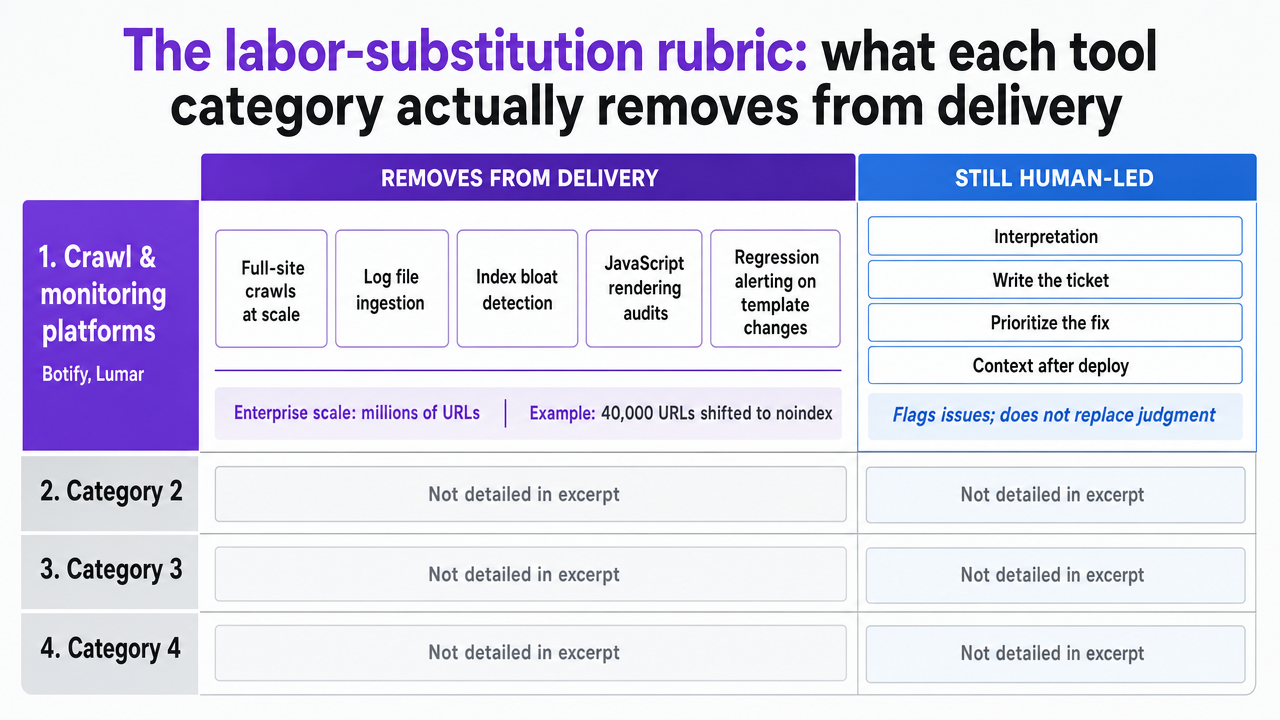 Visualize the four-tier comparison of SEO tool categories and what specialist hours each category absorbs, directly supporting the section's framework
