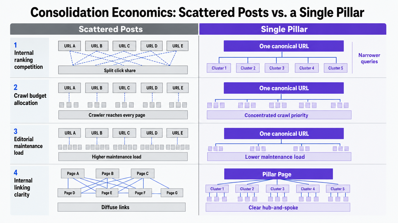 Visualize the side-by-side comparison between scattered posts and a consolidated pillar architecture across the four dimensions the section already lays out in prose and table form, reinforcing the consolidation case with a spatial diagram