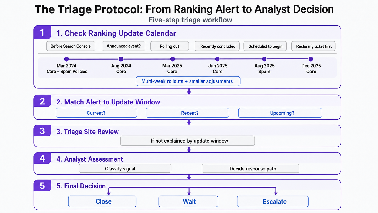 Visualize the five-step triage workflow described in the section, mapping ranking alert to final decision (close, wait, or escalate)