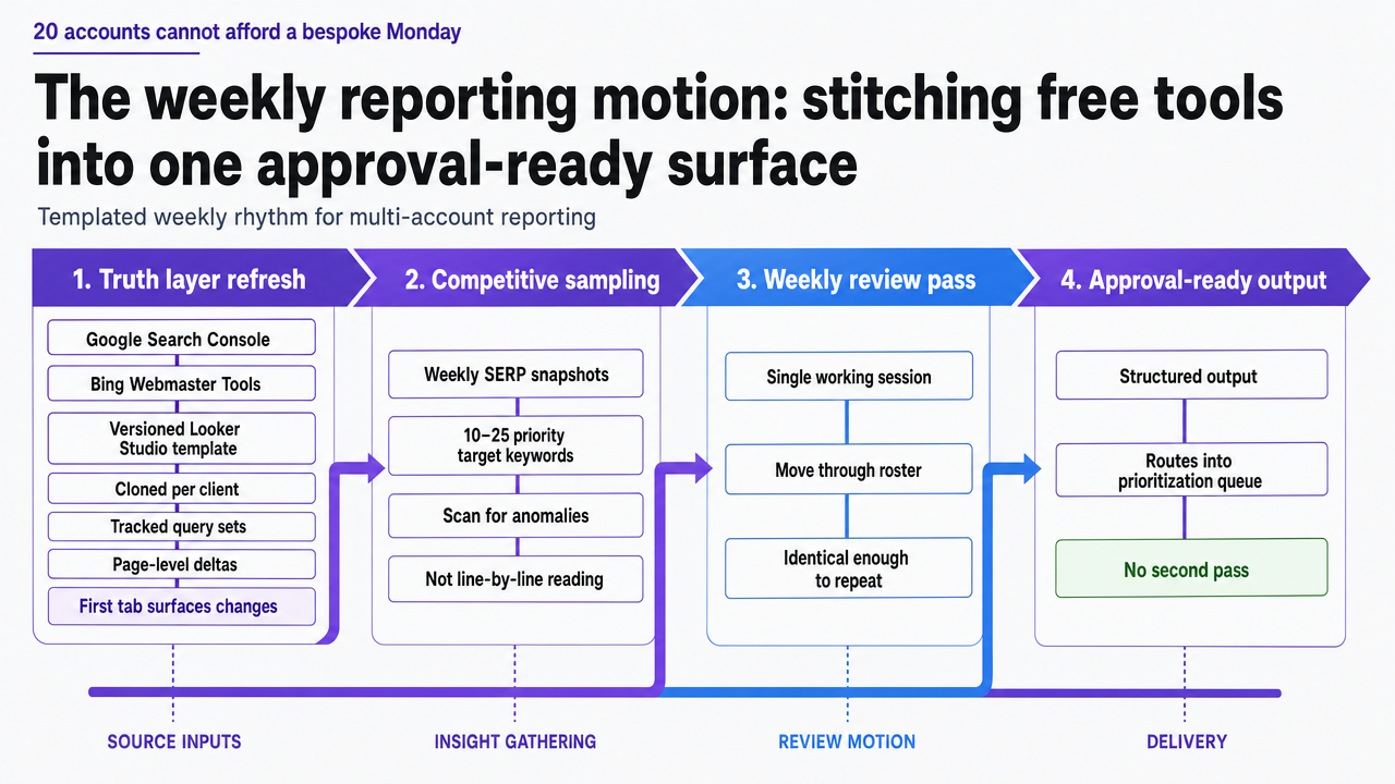 Illustrate the four-step weekly reporting workflow described in the section, showing how free tools feed into an approval-ready delivery motion