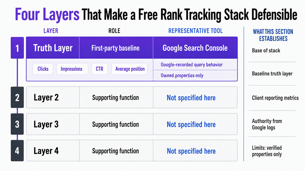 Visualize the four-layer free rank tracking stack architecture described in this section, mapping each layer to its role and representative tool
