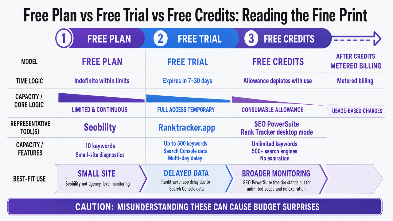Compare the three free access models and their representative tools, capacities, and suitable use cases as described in this section