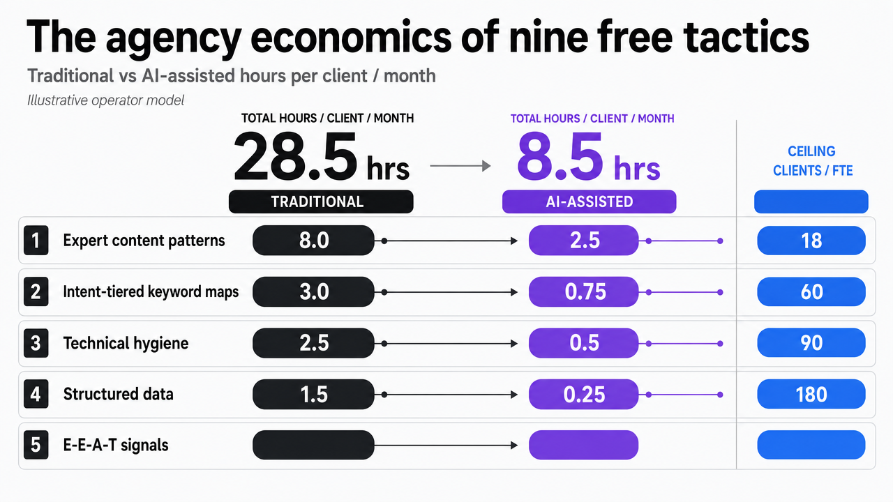 Visualize the traditional vs AI-assisted hours-per-client comparison that anchors the section's operator model, reinforcing the 28.5 vs 8.5 hour totals cited in prose
