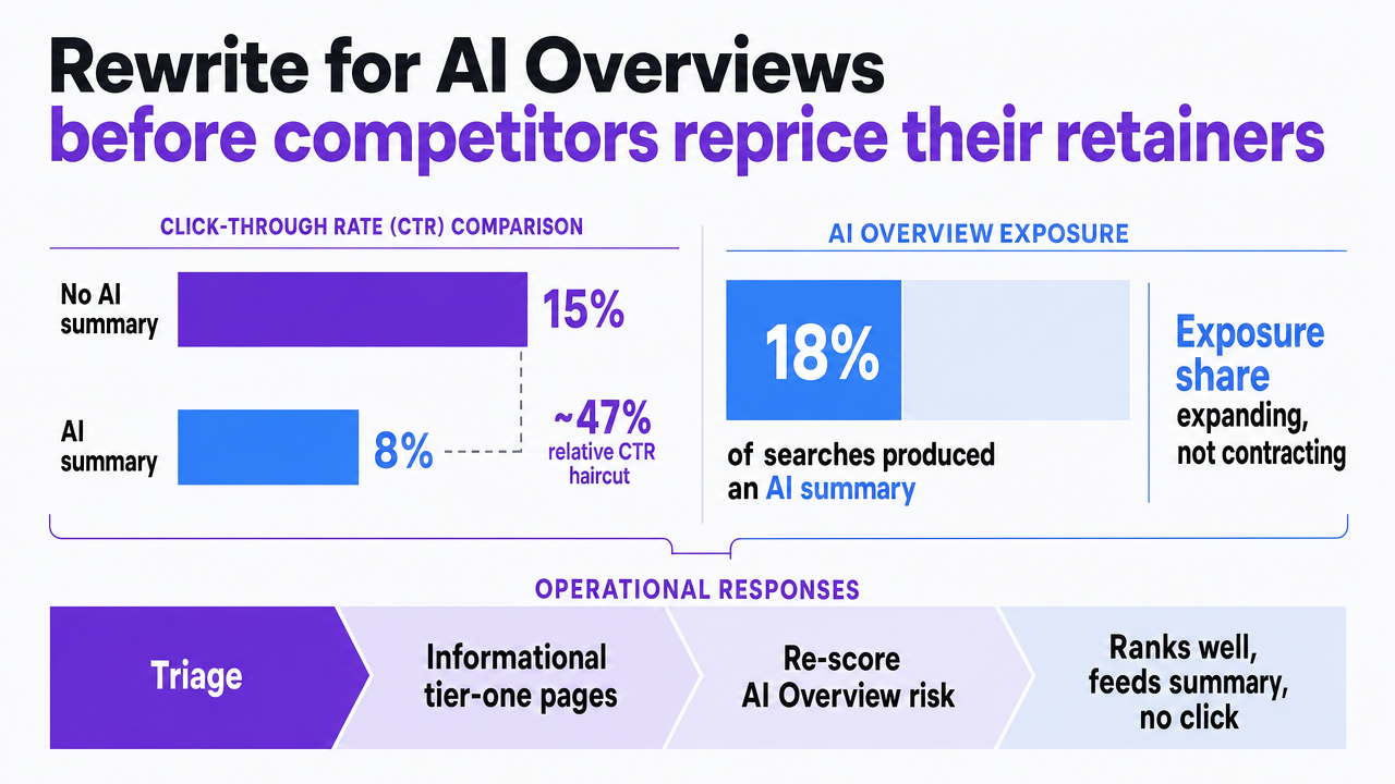 Chart the Pew 2025 CTR finding cited directly in the section: 15% click-through without AI summary vs 8% with, plus the 18% share of searches producing an AI summary