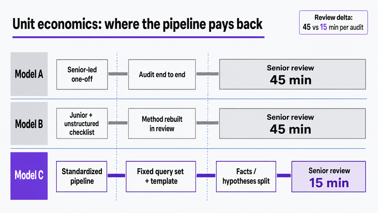 Reinforce the comparison table already in the section by visualizing the senior review minutes delta across the three delivery models, which the article cites directly (45 vs 15 minutes per audit)