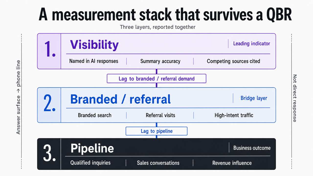 Diagram the three-layer measurement stack (visibility, branded/referral, pipeline) with the named lag between layers, directly supporting the section's core framework