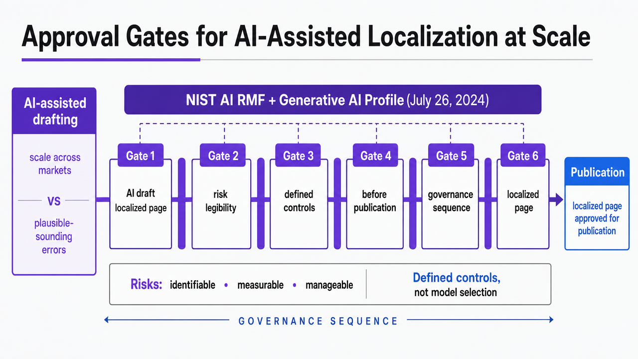 Visualize the six sequential approval gates a localized page must pass, which the section explicitly enumerates and ties to the NIST AI RMF governance structure