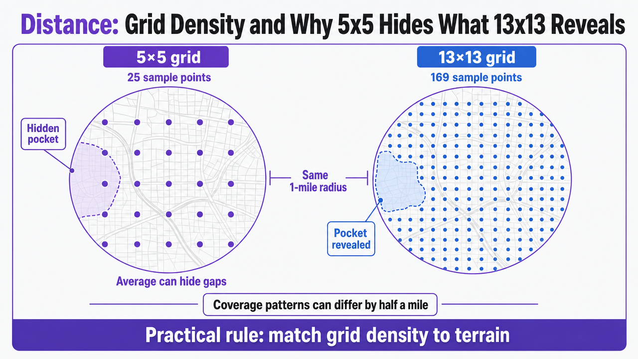 Visualize the section's core comparison between a 5x5 and 13x13 geo-grid, matching the specific point counts cited in the prose (25 vs 169 sample points at 1-mile radius)
