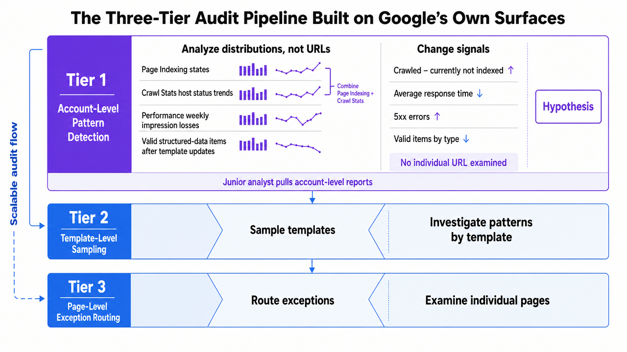 Visualize the three-tier audit pipeline (account-level pattern detection, template-level sampling, page-level exception routing) that structures the entire section